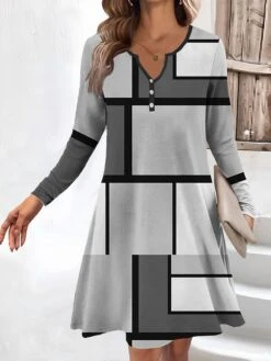 Women's Work Dress Casual Dress Fashion Winter Dress Daily Mini Dress Button Print V Neck Long Sleeve Geometric Plaid Regular Fit Pink Blue Gray Fall Winter S M L XL XXL -Tesla Style cqsqcg1694660964449
