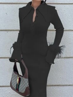 Women‘s Sweater Dress Winter Dress Party Dress Wedding Guest Dress Maxi Dress Fashion Pure Color Formal Evening Party Holiday Shirt Collar Long Sleeve Feather 2023 Regular Fit Black Beige -Tesla Style cqwwkw1678849988528