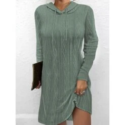 Women's Sweater Dress Winter Dress Jumper Dress Mini Dress Lace Up Ribbed Street Daily Holiday Fashion Modern Hooded Long Sleeve 2023 Loose Fit Dark Brown Pea Green Black Color S M L XL 2XL Size -Tesla Style crdxmx1692162748511