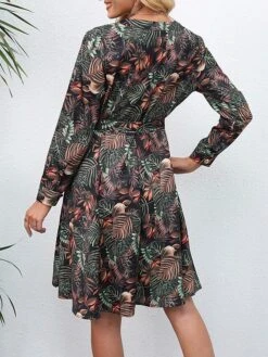 Women's Work Dress A Line Dress Fashion Mini Dress Lace Up Button V Neck Long Sleeve Floral Regular Fit Green Fall S M L XL XXL -Tesla Style criiec1693280832057