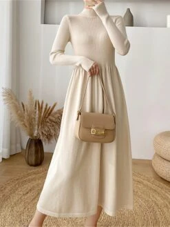 Women's Sweater Dress Jumper Dress Casual Dress Midi Dress Fashion Plain Outdoor Daily Going Out Turtleneck Long Sleeve 2023 Loose Fit Black Apricot One Size -Tesla Style crukpn1695630304345