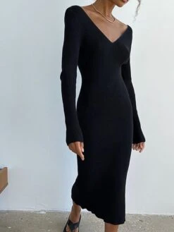Women's Sweater Dress Jumper Dress Casual Dress Midi Dress Fashion Pure Color Outdoor Vacation Going Out V Neck Long Sleeve 2023 Regular Fit Black Pink Blue S M L -Tesla Style cskqxp1697538592816