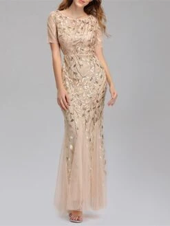 Women‘s Party Dress Wedding Guest Dress Sequin Dress Sheath Dress Maxi Long Dress Silver Light Blue Wine Short Sleeve Pure Color Sequins Winter Fall Autumn Crew Neck Evening Party 2023 S M L XL -Tesla Style cspess1663925363335