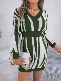 Women's Sweater Dress Winter Dress Jumper Dress Mini Dress Warm Stripe Outdoor Casual Holiday Vacation V Neck Long Sleeve Patchwork 2023 Loose Fit Green Khaki Rose Red S M L -Tesla Style cssfbu1696926513734