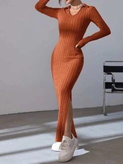 Women's Sweater Dress Winter Dress Jumper Dress Long Dress Maxi Dress Split Daily Date Going Out Active Fashion V Neck Long Sleeve 2023 Slim Black Brown Color S M L Size -Tesla Style cssfkn1693559546273