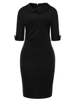 Women's Work Dress Sheath Dress Semi Formal Dress Fashion Office Daily Workfashion Midi Dress Ruched Shirt Collar Half Sleeve Plain Slim Black Wine Navy Blue Fall Winter S M L XL XXL -Tesla Style csvowe1695030996469