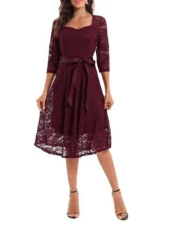 Women's Party Dress Lace Dress Vintage Dress Midi Dress Black Wine Navy Blue 3/4 Length Sleeve Pure Color Lace Summer Spring Fall Square Neck Fashion Wedding Guest Birthday Vacation 2023 S M L XL XXL -Tesla Style cswajh1671444175023
