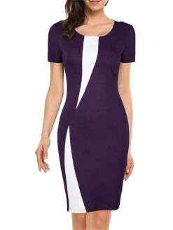 Women's Work Dress Sheath Dress Semi Formal Dress Fashion Midi Dress Patchwork Crew Neck Short Sleeve Color Block Slim Black White Wine Summer Spring S M L XL XXL -Tesla Style ctmuio1679311685060