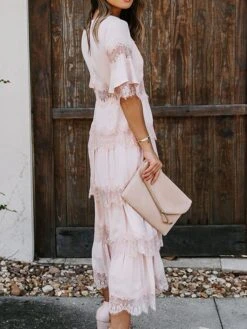 Women's Party Dress Lace Dress White Dress Midi Dress Black Pink White Half Sleeve Pure Color Lace Spring Summer V Neck S M L XL XXL -Tesla Style ctmwpb1630555191910