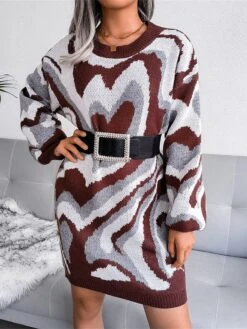 Women's Sweater Dress Jumper Dress Casual Dress Mini Dress Fashion Color Block Heart Outdoor Daily Vacation Going Out Crew Neck Long Sleeve 2023 Loose Fit Black Brown Khaki S M L -Tesla Style ctrzry1694756611525