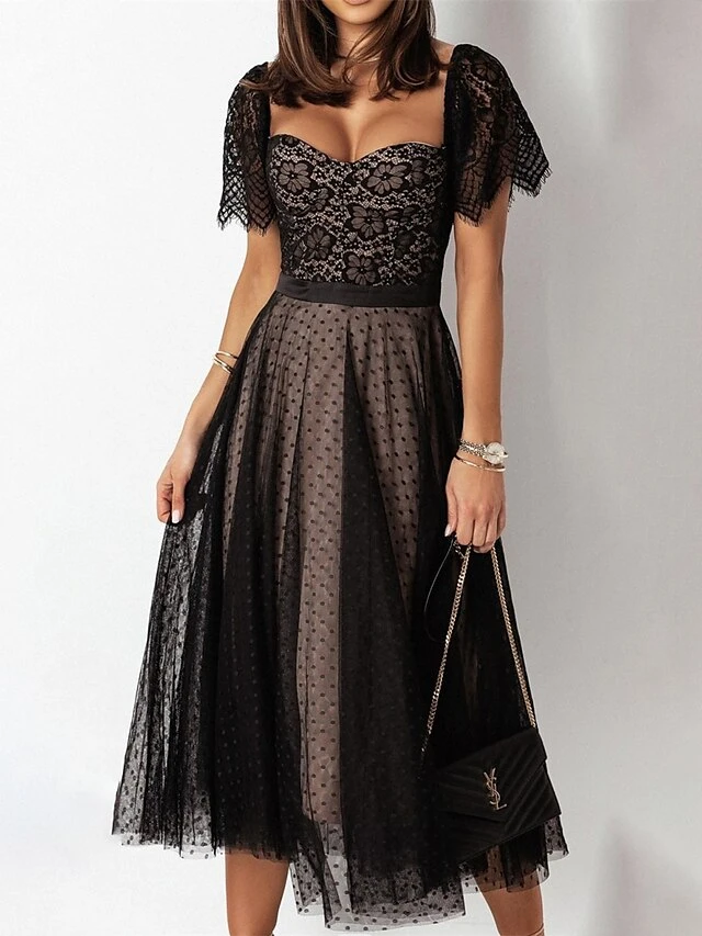 Women's Party Dress Corset Dress Lace Dress Midi Dress Black Pink Fuchsia Short Sleeve Polka Dot Lace Summer Spring Square Neck Fashion Birthday Wedding Guest Vacation Slim S M L XL 10 Women's Party Dress Corset Dress Lace Dress Midi Dress Black Pink Fuchsia Short Sleeve Polka Dot Lace Summer Spring Square Neck Fashion Birthday Wedding Guest Vacation Slim S M L XL - Image 8