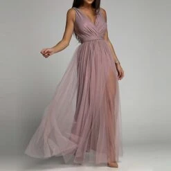 Women‘s Prom Party Dress Wedding Guest Sheath Dress Swing Dress Long Dress Maxi Dress Pink Purple Sleeveless Pure Color Mesh Winter Fall Spring V Neck Fashion Evening Party Slim 2023 S M L XL -Tesla Style cupdlj1671515384858