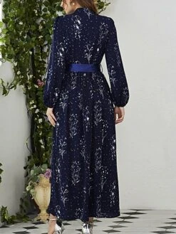 Women's Party Dress Cocktail Dress Wedding Guest Dress Long Dress Maxi Dress Blue Dark Blue Long Sleeve Flower Lace Up Fall Winter Autumn Crew Neck Fashion Winter Dress Wedding Guest Vacation 2023 S -Tesla Style cuqgrf1695111591926