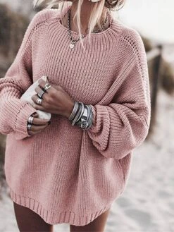 Women's Sweater Dress Jumper Dress Knit Dress Mini Dress Warm Pure Color Outdoor Casual Going Out Crew Neck Long Sleeve 2023 Loose Fit Black Pink Red S M L XL -Tesla Style cusocd1694166173195