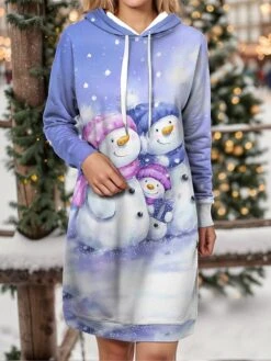 Women's Christmas Dress Hoodie Dress Mini Dress Warm Fashion Outdoor Christmas Holiday Hoodie Print Snowman Loose Fit Blue S M L XL XXL