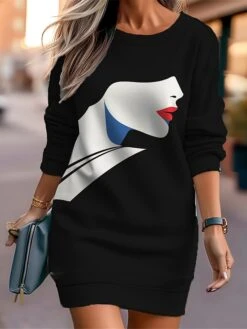Women's Casual Dress Sweatshirt Dress Mini Dress Warm Fashion Outdoor Vacation Going Out Crew Neck Print Print Loose Fit Black White Red S M L XL XXL -Tesla Style cvaltc1694596722540