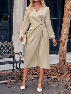 Women's Party Dress Cocktail Dress Satin Dress Midi Dress Champagne Brown Green Long Sleeve Pure Color Ruched Fall Winter Autumn Shirt Collar Fashion Wedding Guest Birthday Vacation 2023 S M L XL -Tesla Style cvfsun1696077351474