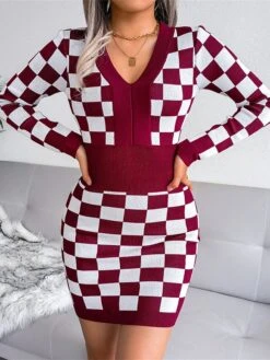 Women's Sweater Dress Jumper Dress Casual Dress Mini Dress Fashion Plaid Outdoor Daily Vacation Going Out V Neck Long Sleeve 2023 Loose Fit Black Yellow Wine One Size -Tesla Style cviazh1694756662523