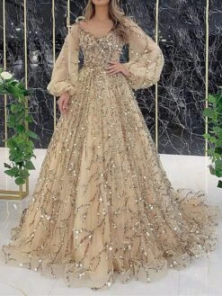 Women‘s Prom Dress Party Dress Sequin Dress Long Dress Maxi Dress Pink Gold Green Long Sleeve Pure Color Sparkly Glitter Sequins Spring Fall Winter V Neck Fashion Winter Dress Wedding Guest