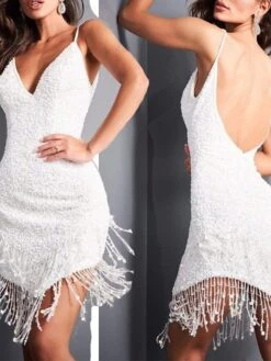 Women's Party Dress Fringe Dress Homecoming Dress Mini Dress White Sleeveless Pure Color Tassel Fringe Spring Fall Winter Spaghetti Strap Fashion Winter Dress Wedding Guest Evening Party Slim 2023 S -Tesla Style cvsqgt1692858452826