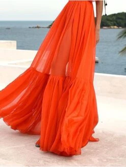 Women's Party Dress Casual Dress Wedding Guest Dress Long Dress Maxi Dress Orange Short Sleeve Pure Color Ruched Summer Spring Fall V Neck Fashion Party Birthday Vacation 2022 S M L XL -Tesla Style cvvkft1648033231761