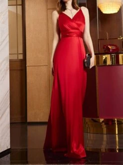 Women's Prom Dress Party Dress Satin Dress Long Dress Maxi Dress Champagne Pink Red Sleeveless Pure Color Backless Spring Fall Winter Spaghetti Strap Fashion Winter Dress Evening Party Wedding Guest -Tesla Style cvyfup1692079364930
