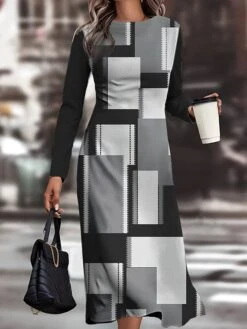 Women's Work Dress Casual Dress Semi Formal Dress Fashion Winter Dress Daily Midi Dress Print Crew Neck Long Sleeve Geometric Plaid Slim Black Pink Red Fall Winter S M L XL XXL -Tesla Style cwrpya1694490793579