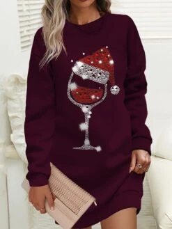 Women‘s Christmas Casual Dress Sweatshirt Dress Mini Dress Warm Fashion Outdoor Holiday Crew Neck Print Hat Loose Fit Burgundy Blue Green S M L XL XXL -Tesla Style cwxxsb1694166431424
