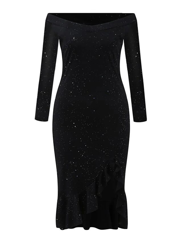 Women‘s Christmas Party Dress Cocktail DressKnee Length Dress Black Red Long Sleeve Pure Color Sequins Ruffle Fall Winter Off Shoulder Party Elegant Mature 2022 S M L XL XXL 6 Women‘s Christmas Party Dress Cocktail DressKnee Length Dress Black Red Long Sleeve Pure Color Sequins Ruffle Fall Winter Off Shoulder Party Elegant Mature 2022 S M L XL XXL - Image 4