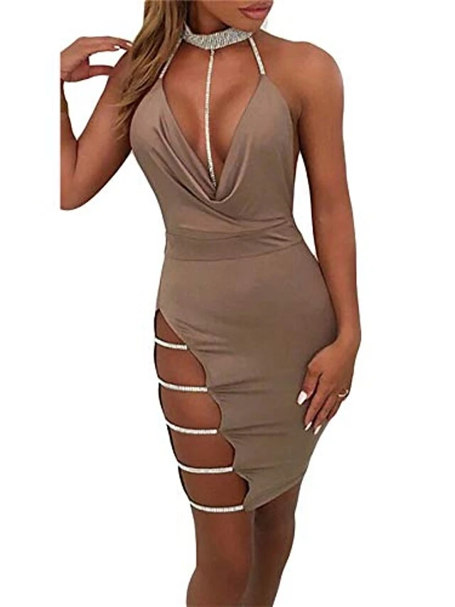Women‘s Sheath Dress Midi Dress Black Khaki Sleeveless Pure Color Patchwork Spring Summer Deep V Sexy Party 2023 S M L XL 3 Women‘s Sheath Dress Midi Dress Black Khaki Sleeveless Pure Color Patchwork Spring Summer Deep V Sexy Party 2023 S M L XL