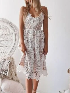 Women's Party Dress Lace Dress White Dress Midi Dress Black White Sleeveless Pure Color Lace Spring Summer V Neck Party S M L XL -Tesla Style cxsmuj1632569105381