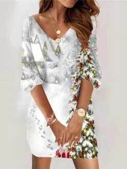 Women‘s Christmas Casual Dress Sweatshirt Dress Mini Dress Fashion Daily Outdoor Vacation V Neck Print Snowman Tree Loose Fit White Blue Green S M L XL XXL -Tesla Style cxtqec1695027789700