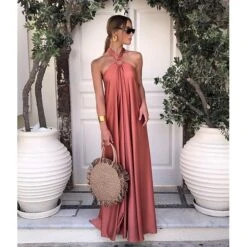 Women's Party Dress Satin Dress Long Dress Maxi Dress Blue Orange Green Sleeveless Pure Color Backless Summer Spring Halter Neck Fashion Loose Fit 2023 S M L XL -Tesla Style cxyxyn1655950408447