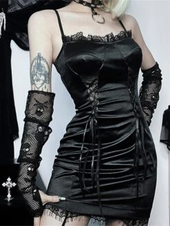 Women's Party Dress Cocktail Dress Bodycon Mini Dress Black Sleeveless Pure Color Lace Up Spring Fall Winter Spaghetti Strap Fashion Halloween Birthday Wedding Guest 2023 S M L -Tesla Style cxzbxv1693886968838