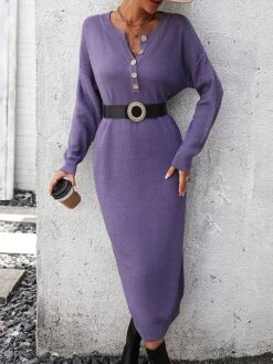 Women's Sweater Dress Winter Dress Jumper Dress Midi Dress Button Street Daily Going Out Fashion Streetwear Crew Neck Long Sleeve 2023 Loose Fit Black White Purple Color S M L XL Size -Tesla Style cxzsmn1692259875170