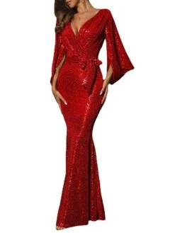 Women‘s Cocktail Party Dress Homecoming Dress Wedding Guest Dress Sequin Dress Long Dress Maxi Dress Red Long Sleeve Pure Color Lace Up Autumn V Neck Stylish Evening Party 2023 S M L XL 2XL -Tesla Style cybfgv1665745941454