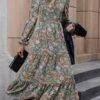 Women's Work Dress Casual Dress Swing Dress Fashion Winter Dress Daily Midi Dress Ruched Print V Neck Long Sleeve Floral Slim Green Fall Winter S M L XL