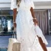 Women's Party Dress Casual Dress Swing Dress Long Dress Maxi Dress White Short Sleeve Pure Color Lace Summer Spring Off Shoulder Vacation 2023 S M L XL