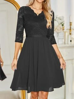 Women's Party Dress Lace Dress Cocktail Dress Long Dress Maxi Dress Black Wine Dark Blue 3/4 Length Sleeve Pure Color Ruched Summer Spring Fall V Neck Fashion Vacation Spring Dress 2023 S M L XL 2XL -Tesla Style cyqmjg1682059488091