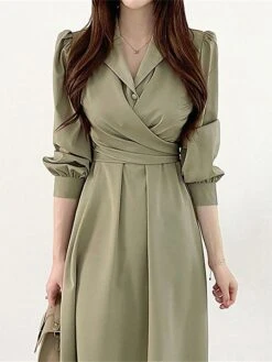 Women's Work Dress Semi Formal Dress A Line Dress Fashion Office Daily Workfashion Midi Dress Ruched Button Shirt Collar Long Sleeve Plain Loose Fit Black Army Green Gray Fall Winter S M L XL -Tesla Style cyuahx1695805362620