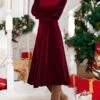 Women's Party Dress Velvet Dress Cocktail Dress Midi Dress Burgundy Long Sleeve Pure Color Patchwork Spring Fall Winter Crew Neck Fashion Winter Dress Christmas Wedding Guest 2023 S M L XL XXL 3XL