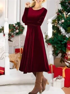 Women's Party Dress Velvet Dress Cocktail Dress Midi Dress Burgundy Long Sleeve Pure Color Patchwork Spring Fall Winter Crew Neck Fashion Winter Dress Christmas Wedding Guest 2023 S M L XL XXL 3XL