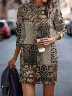 Women's Casual Dress Sweatshirt Dress Mini Dress Warm Daily Outdoor Vacation Going Out Crew Neck Print Geometric Regular Fit White Brown Khaki S M L XL XXL -Tesla Style czgkjq1696732804884