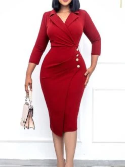 Women's Work Dress Blazer Dress Sheath Dress Fashion Winter Dress Office Daily Midi Dress Ruched Button Shirt Collar Long Sleeve Plain Regular Fit Black Red Green Fall Winter S M L XL XXL -Tesla Style czmuij1695267069628