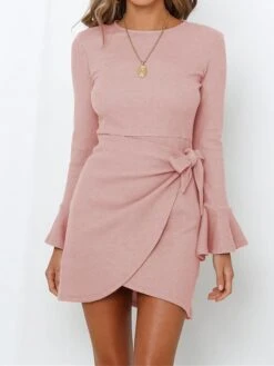 Women's Sweater Dress Jumper Dress Casual Dress Mini Dress Fashion Pure Color Outdoor Daily Going Out Crew Neck Long Sleeve Lace Up 2023 Slim Black White Pink S M L XL