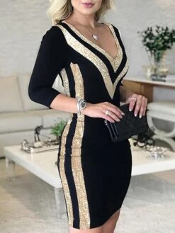 Women's Party Dress Bodycon Sheath Dress Midi Dress Black 3/4 Length Sleeve Color Block Sequins Fall Winter Autumn V Neck Stylish Party 2023 S M L XL