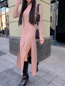 Women's Sweater Dress Jumper Dress Casual Dress Midi Dress Fashion Pure Color Outdoor Daily Vacation Going Out Turtleneck Long Sleeve 2023 Regular Fit Pink Green S M L -Tesla Style czxcln1695643226241