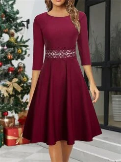 Women's Party Dress Cocktail Dress Wedding Guest Dress Midi Dress Wine Long Sleeve Pure Color Lace Spring Fall Winter Crew Neck Fashion Winter Dress Christmas Wedding Guest S M L XL XXL 3XL