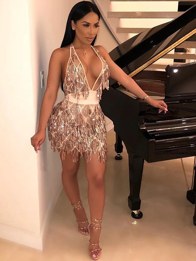 Women's Fringe Dress Sequin Dress Holiday Dress Mini Dress Silver Black Wine Sleeveless Pure Color Sequins Summer Spring Deep V Hot Party Summer Dress 2023 S M L XL 4 Women's Fringe Dress Sequin Dress Holiday Dress Mini Dress Silver Black Wine Sleeveless Pure Color Sequins Summer Spring Deep V Hot Party Summer Dress 2023 S M L XL - Image 2