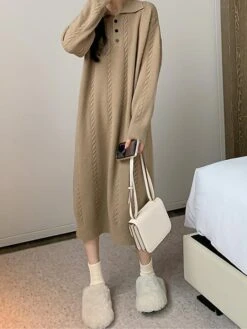 Women's Sweater Dress Jumper Dress Casual Dress Midi Dress Fashion Pure Color Outdoor Daily Vacation Going Out Lapel Long Sleeve Patchwork Button 2023 Regular Fit White Camel One Size -Tesla Style dapmij1695280911828